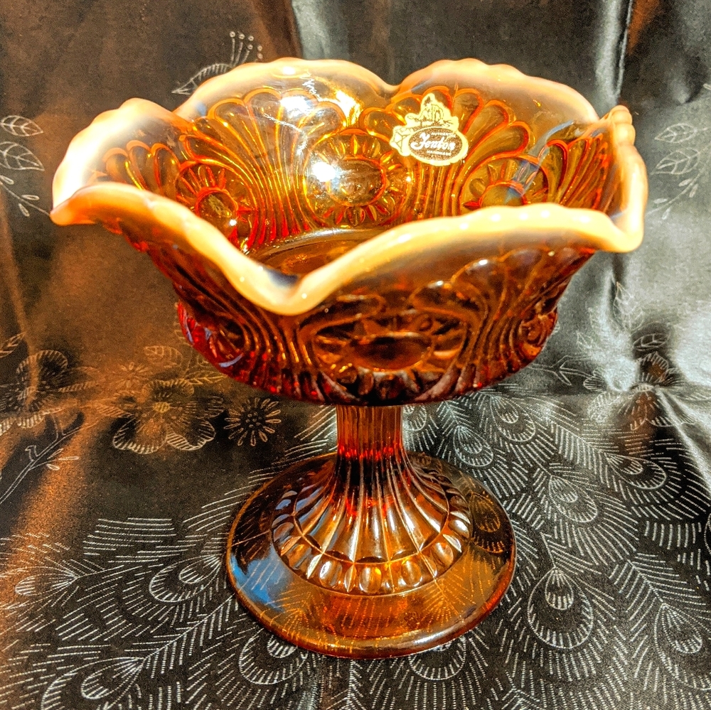 Vintage Fenton Ruffled Amber Glass Compote